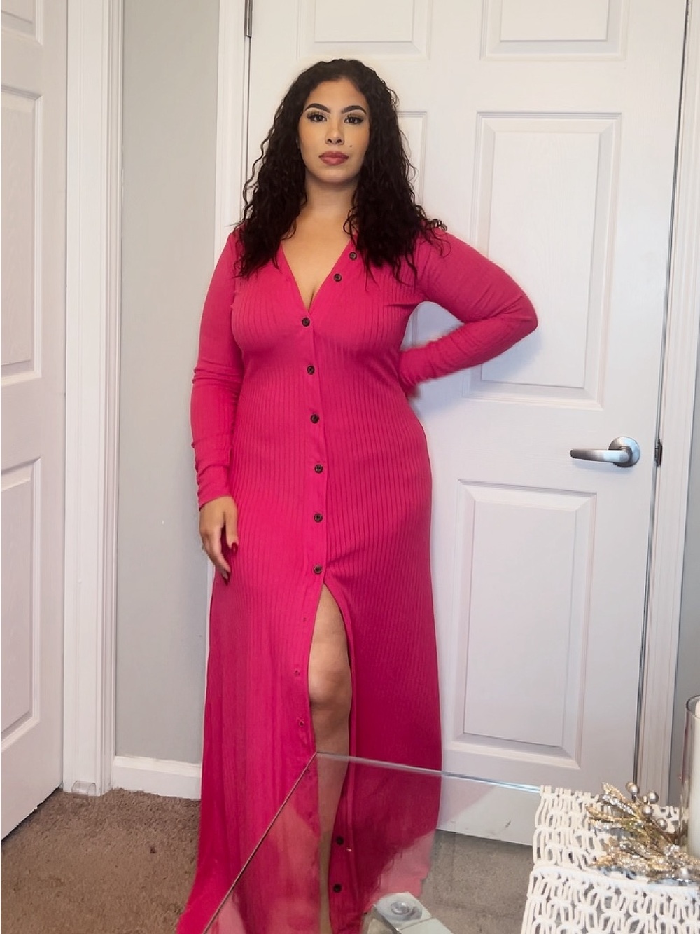 Women’s Fuchsia Ribbed Button-Front Maxi Dress